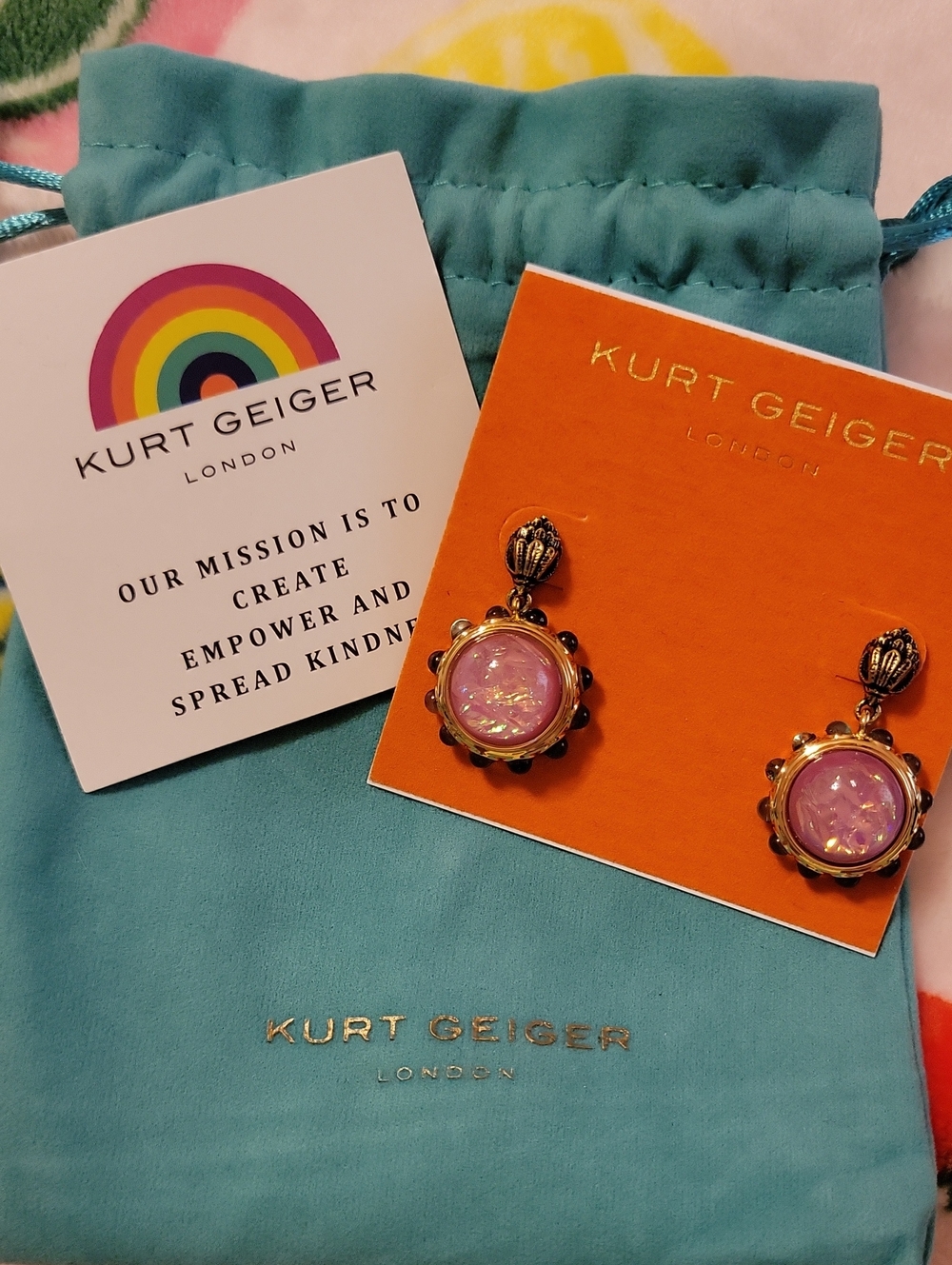 Kurt Geiger Gold-Tone Earrings with Pink Iridescent Stones